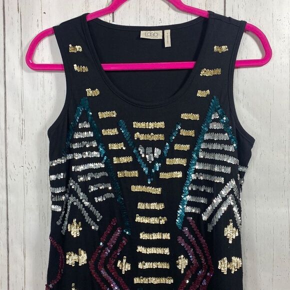 Logo By Lori Goldstein Sleeveless Sequins Black Multi Festive Tunic Top - Picture 6 of 12